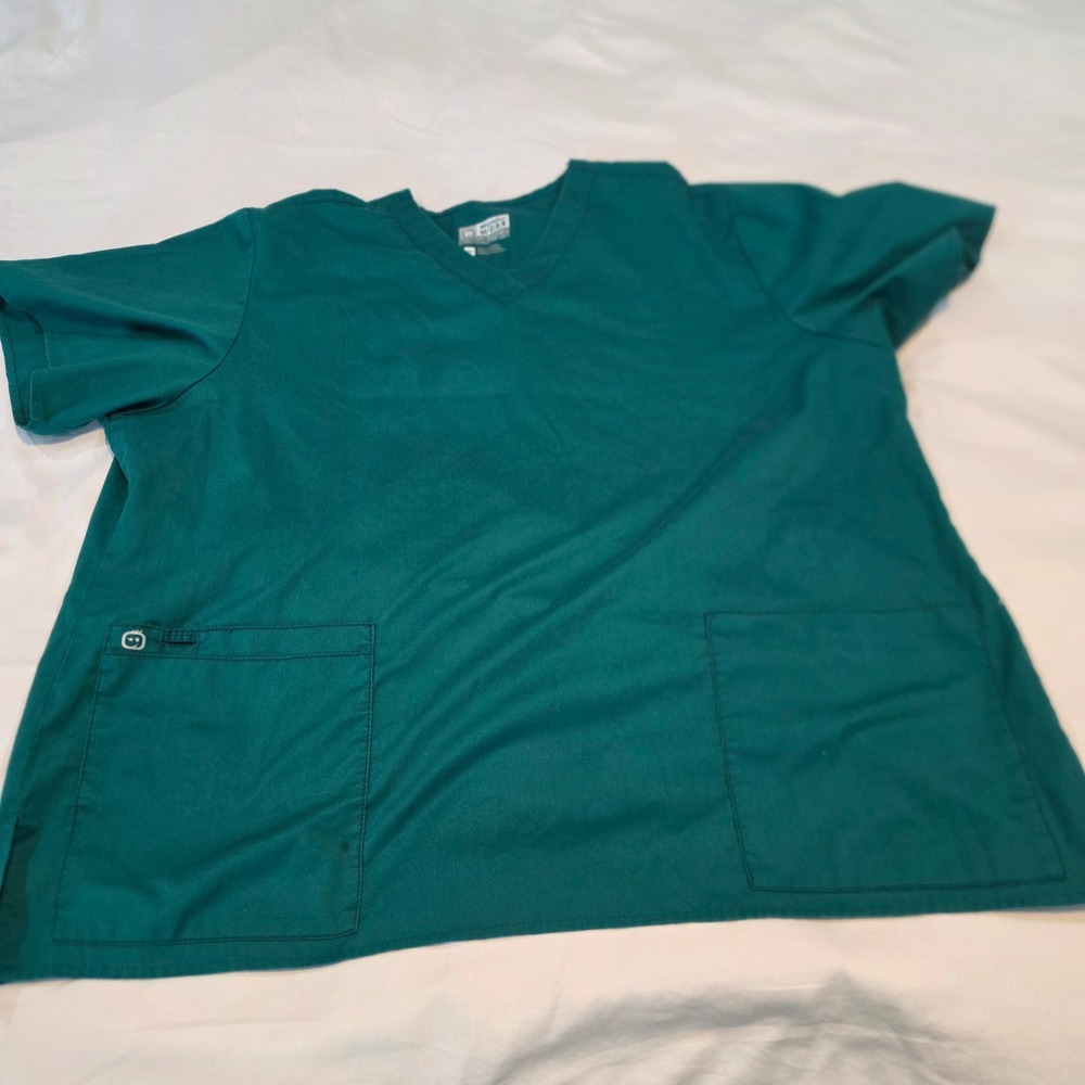 WonderWork Scrub Top Unisex 2X Teal Green Good Stretch Comfort V-Neck Pockets